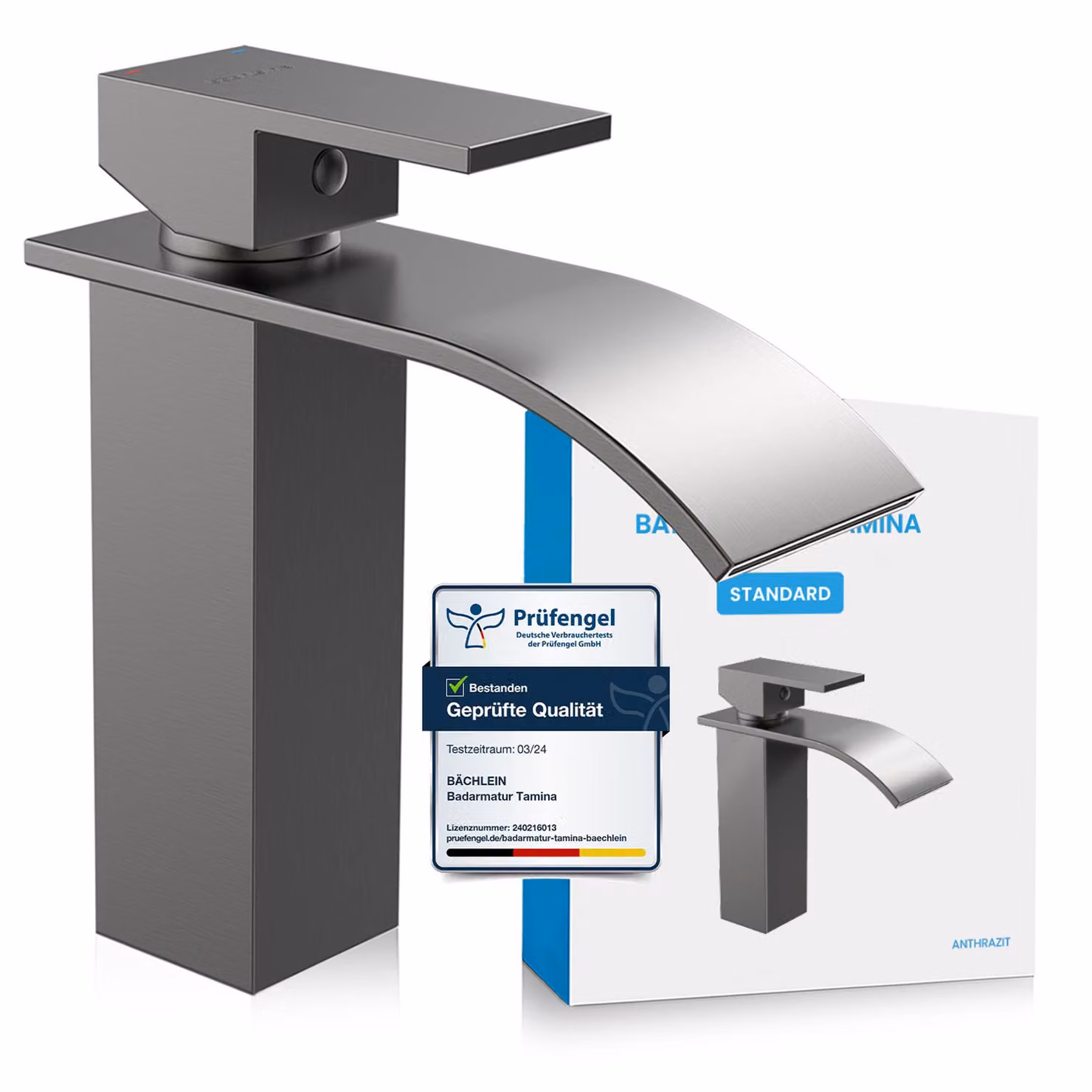 Miscelatore da bagno Tamina - antracite | Miscelatore da bagno a cascata dal design classico - rubinetto per lavabo da appoggio