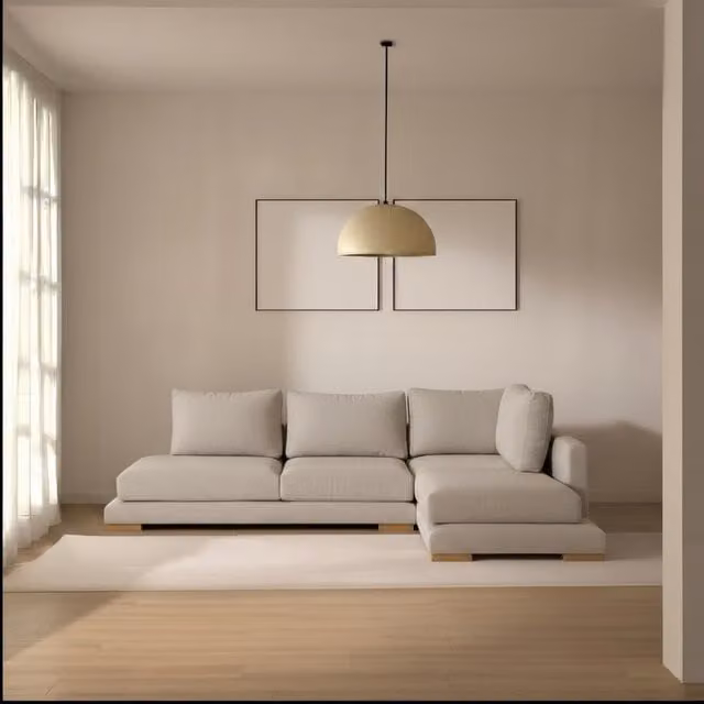 Divano chaise longue Luxor Living a 4 posti con lato destro, modello moderno in tessuto beige con struttura in legno massiccio, L: 270 cm, P: 108 cm, H: 88 cm