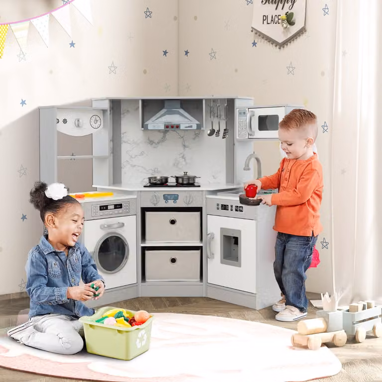 Cucina giocattolo per bambini Costway in legno con luci e suoni realistici, angolo cucina con cappa aspirante illuminata, Grigio
