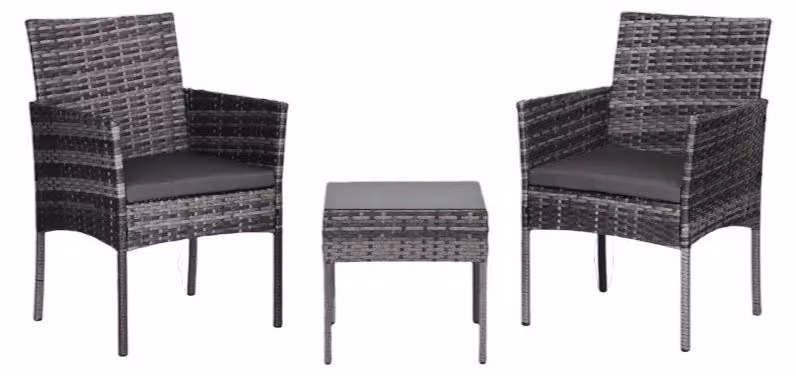MultiGarden ESO-F368: Set da giardino composto da 2 poltrone e un tavolino con piano in vetro, in rattan grigio