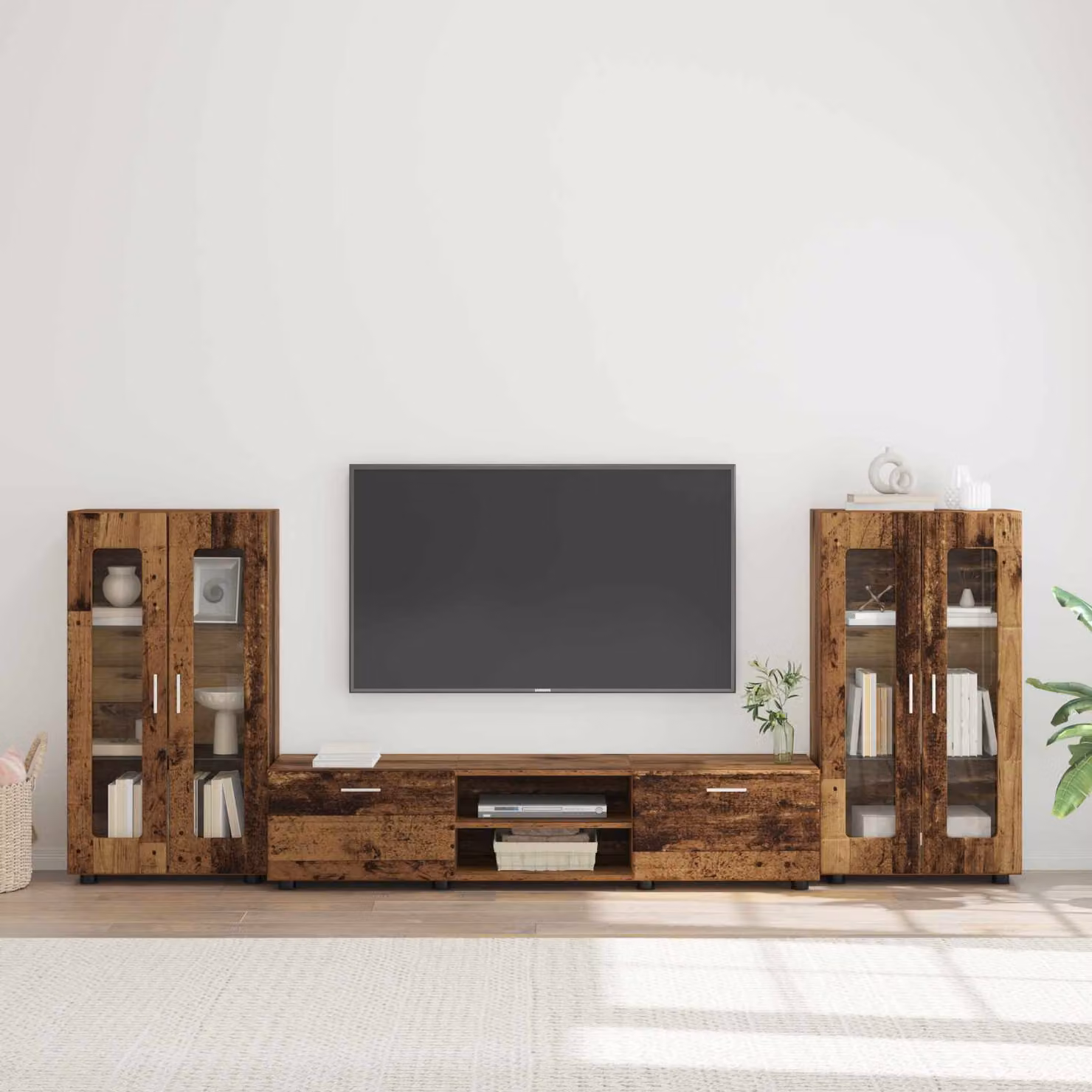 Set mobile TV vidaXL FLORIN in legno marrone stile moderno con 3 pezzi e scomparti multimediali L/P/H: 150 x 39 x 30 cm – 1