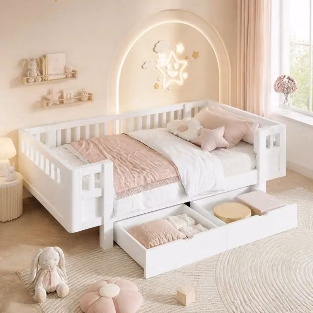 Letto singolo ULEVR 90x200 cm con sponde di sicurezza alte e 2 cassetti estraibili, bianco