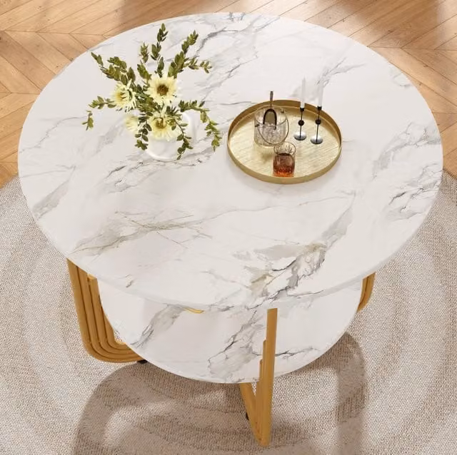 Set da pranzo moderno 5 pezzi con tavolo rotondo 80 cm in MDF effetto marmo e 4 sedie in velluto grigio