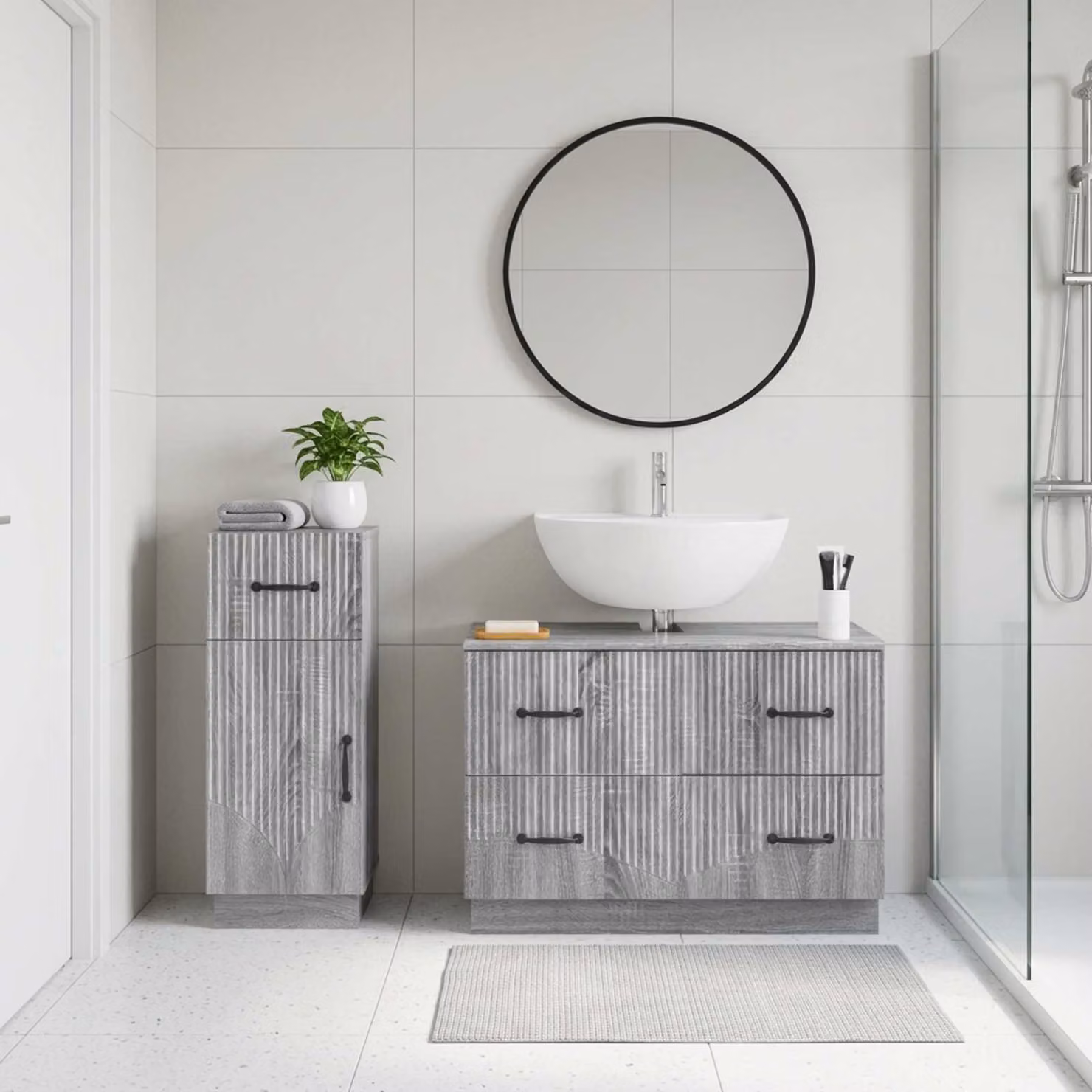 Set di 2 armadi da bagno moderni vidaXL HOORN in legno grigio opaco L/P/H: 82,0 x 35,85 x 59,0 cm e 41,0 x 59,0 x 76,70 cm