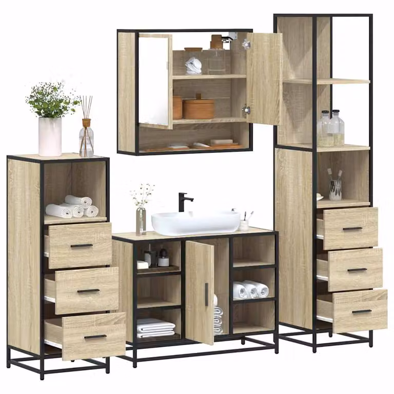 Set di mobili da bagno industrial vidaXL 4 pezzi in legno e metallo marrone con illuminazione LED