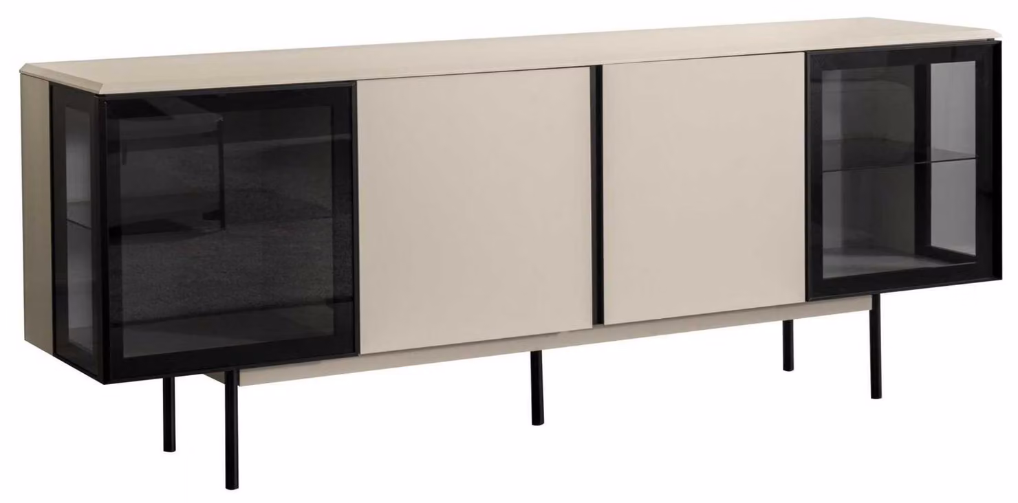Credenza in stile moderno, colore bianco e nero, nuova, in legno, morbida, comoda, con vetri