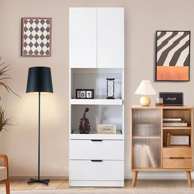 Armadio alto da cucina 200 cm bianco, con ante, cassetti e ripiano microonde. Mobile multifunzione con protezione anti-ribaltamento per soggiorno e sala da pranzo