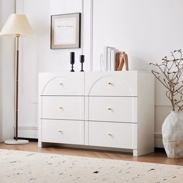 Comò con 6 cassetti, struttura in truciolare, stile romantico, per camera da letto e soggiorno, bianco, 82 × 120 × 40 cm