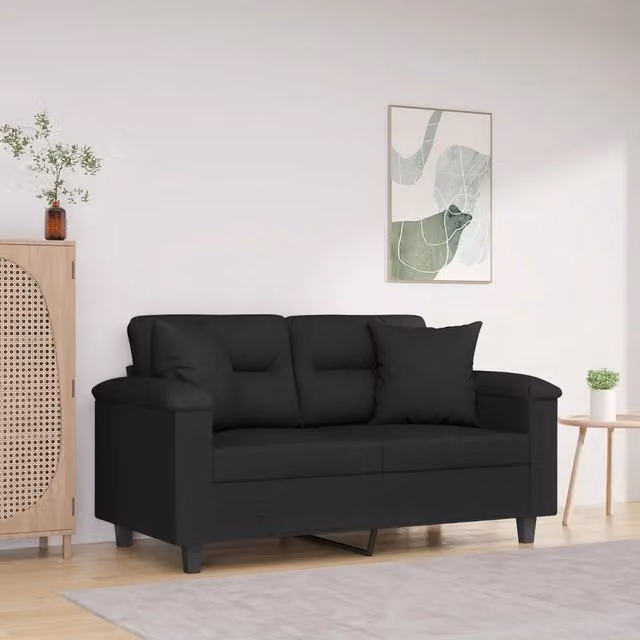 Divano a 2 posti moderno vidaXL in microfibra nera con cuscini e struttura in metallo L: 150 cm, P: 80 cm, H: 77 cm – 1
