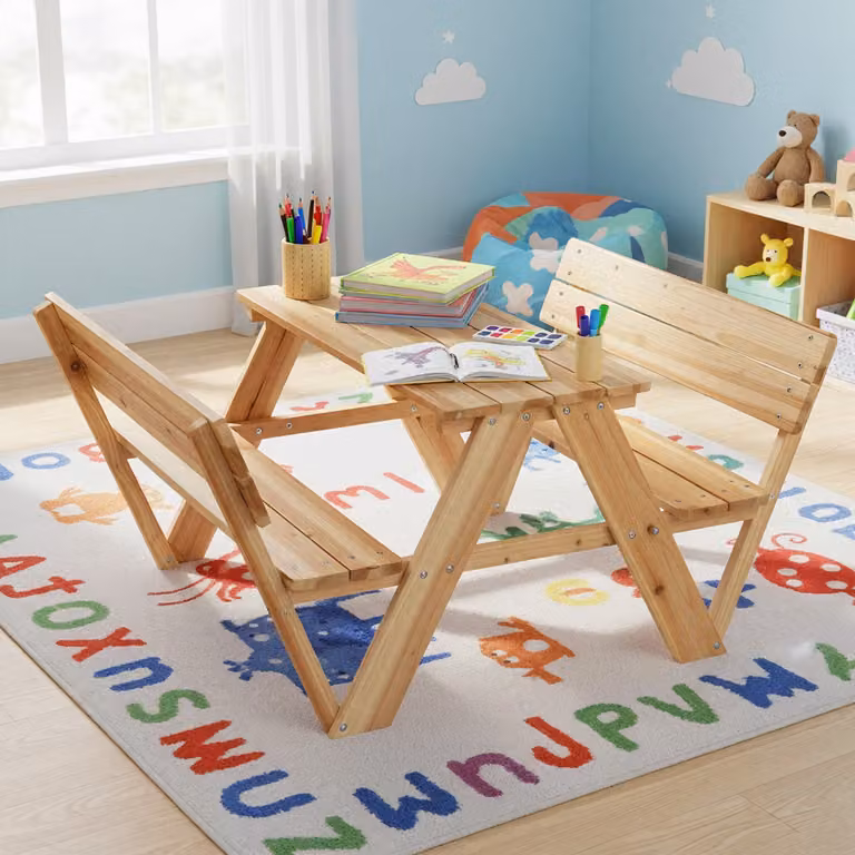Set di tavolo e panche integrate Costway in legno di abete marrone per bambini, ideale per giardino e cortile