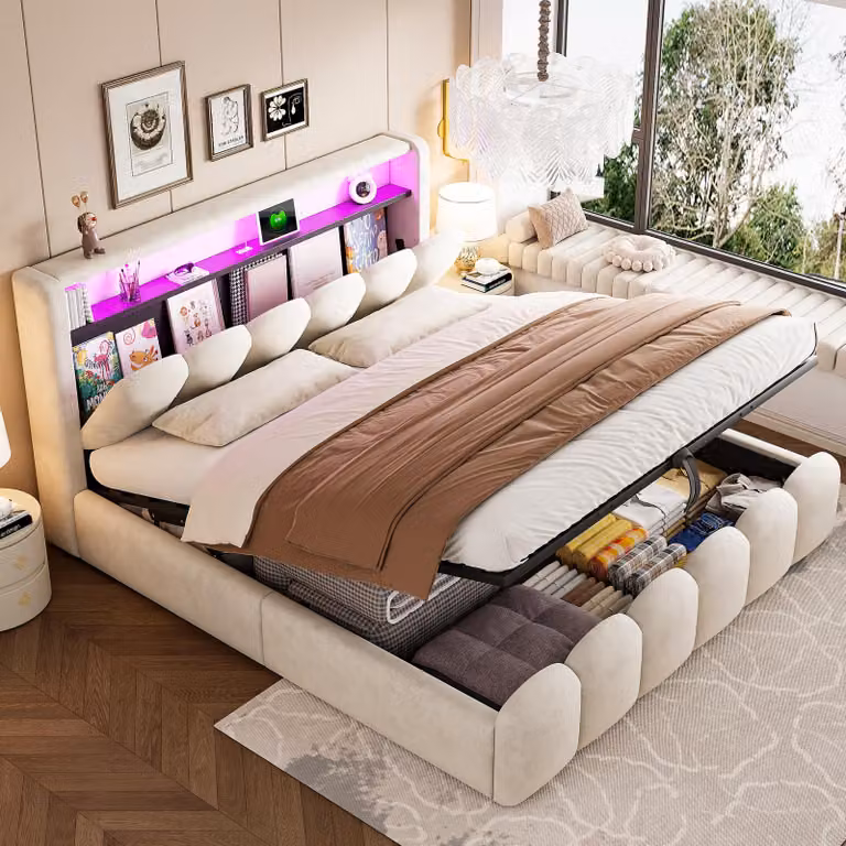 Letto imbottito idraulico Flieks 180x200cm con contenitore, letto matrimoniale per ragazzi con led e funzione di ricarica, letto a molle insacchettate in velluto con rete a doghe, beige