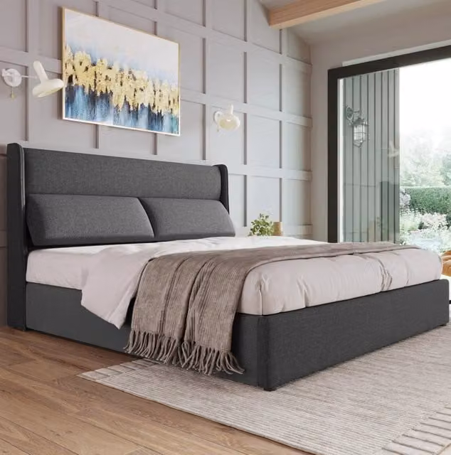 Letto matrimoniale imbottito 140x200 cm con testiere regolabili, struttura idraulica con contenitore, lino grigio con rete a doghe in metallo (senza materasso)
