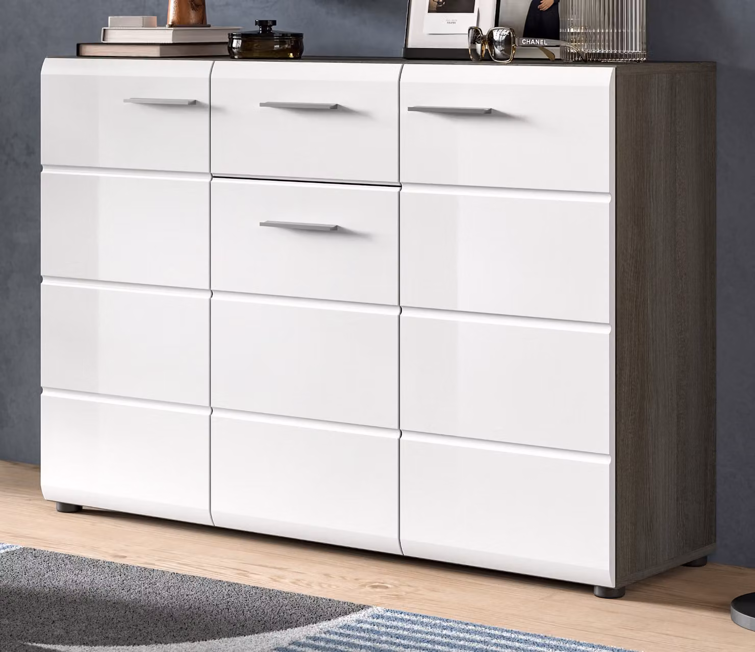 Credenza "Rumba" in bianco lucido e grigio argento fumé Cassettiera 120 x 85 cm