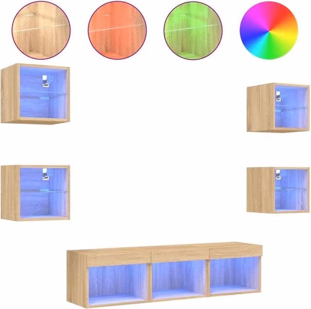 Mobili TV a Muro con LED 7pz | Armadietto TV | Mobile Porta TV Rovere Sonoma Legno Multistrato