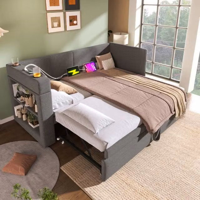 Letto daybed WISHDOR con letto estraibile, porte di ricarica USB e Type-C e scomparti laterali, grigio, L/P/H: 200 x 90 x 74 cm