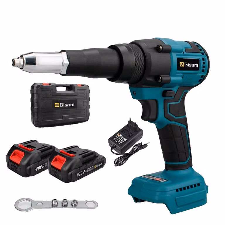 Pistola rivettatrice elettrica senza spazzole, forza di trazione 20000 N, 2 batterie incluse, 2 batterie in scatola di plastica