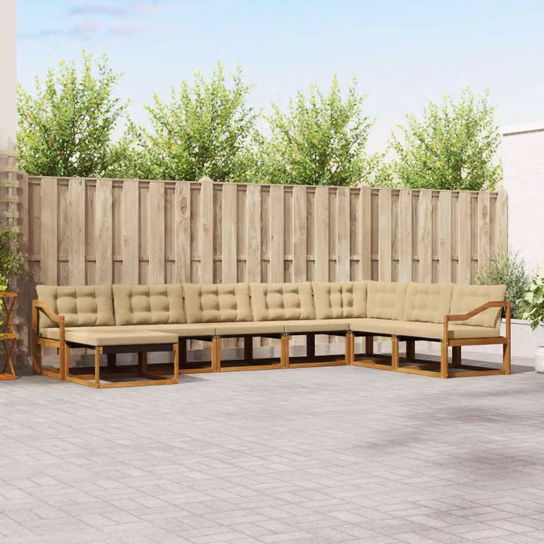 Set di divani da esterno vidaXL a forma di L composto da 8 pezzi in legno di acacia con cuscini beige e marrone per giardino e terrazza