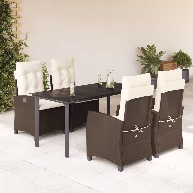Set da Pranzo da Giardino 5pz vidaXL in Polyrattan Marrone con Piano in Vetro e Cuscini