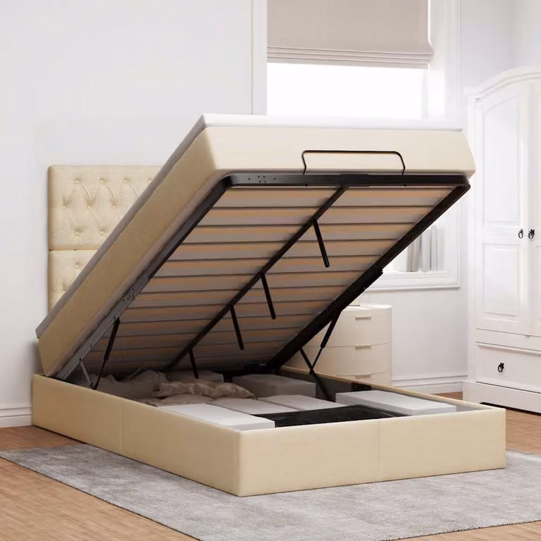 Letto con contenitore a sollevamento vidaXL in tessuto beige e bianco con materasso a molle L/P/H: 193 x 120 x 280 cm