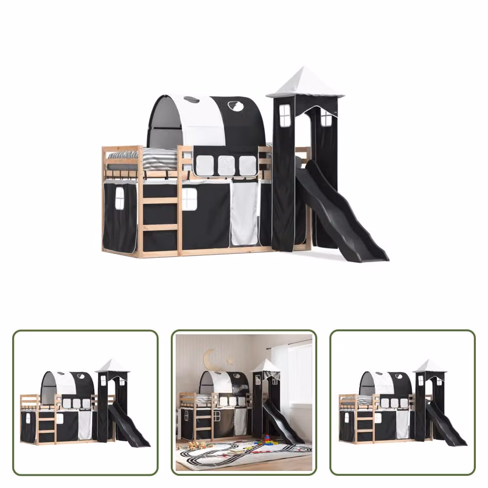 The Living Store Letto a castello con scivolo e tende bianco e nero 80x200 cm