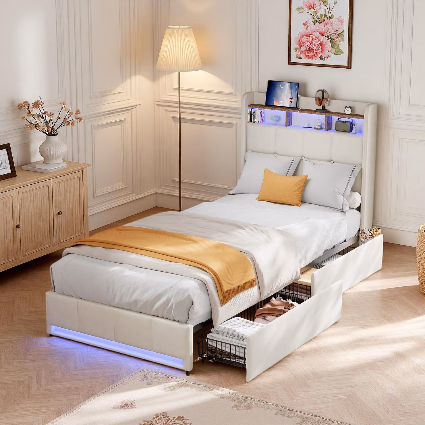 UnboxG Letto imbottito 90×200 cm beige, letto singolo con 2 cassetti, testiera LED e USB/Type-C, vano contenitore
