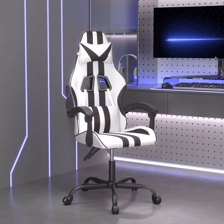 Sedia da Gaming vidaXL Bianco e Nero in Similpelle con Braccioli e Ruote, Ruotabile a 360 Gradi