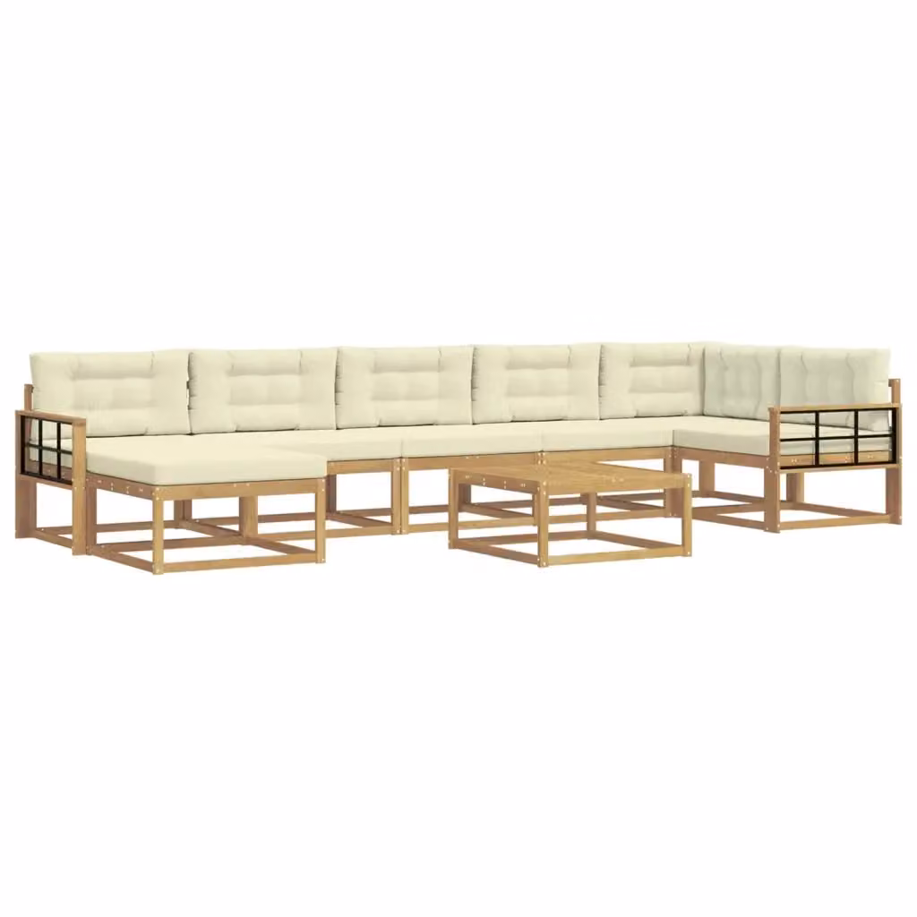 Set di divani da esterno a L vidaXL in legno di acacia con cuscini e pouf, Bianco e Beige – 2