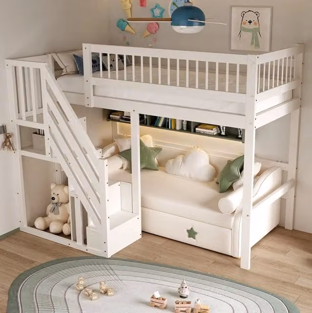Letto singolo per bambini 90x200 cm in legno bianco con scala contenitore