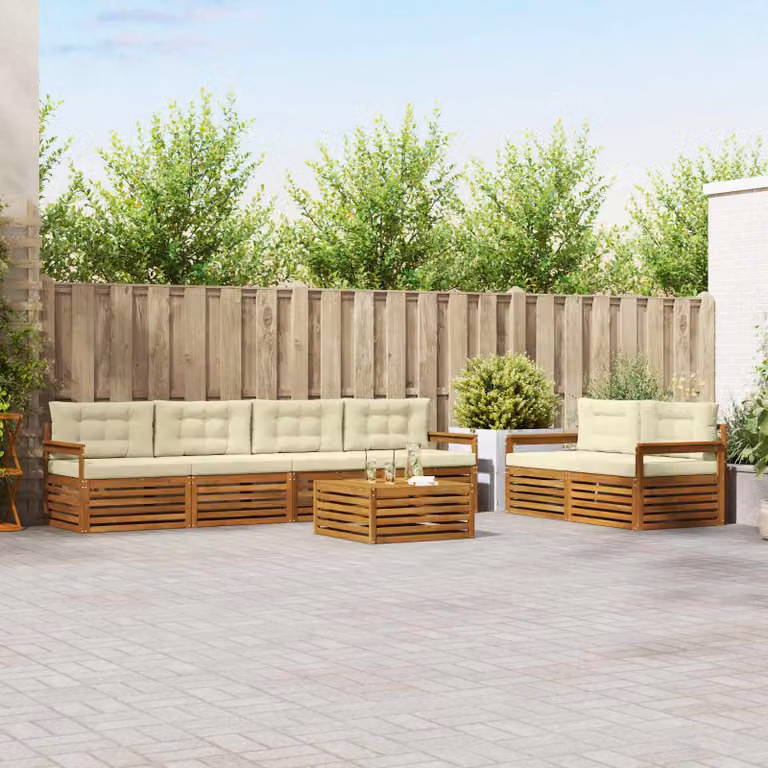 Set di divani da esterno vidaXL 7 pezzi in legno di acacia con tavolo da caffè e cuscini, colore beige e bianco
