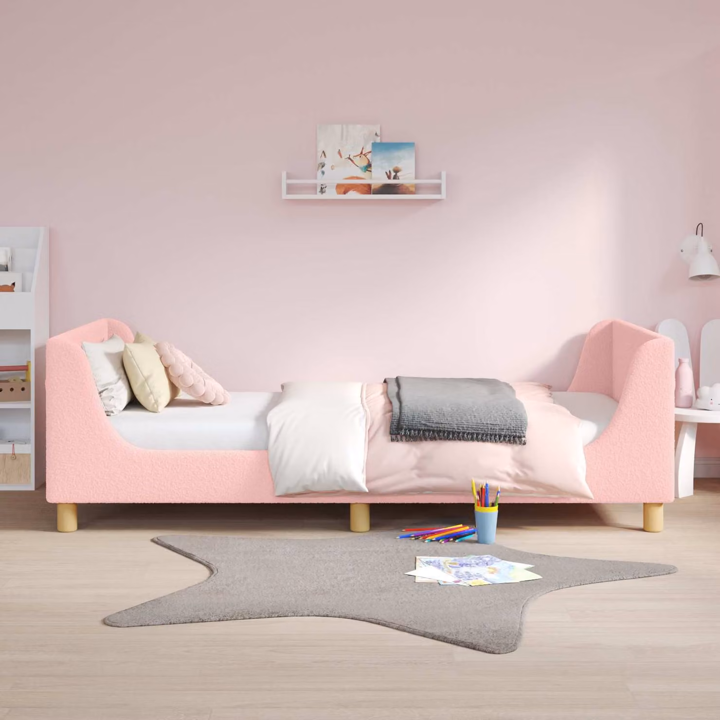 vidaXL Struttura letto per bambini con testata in tessuto bouclé rosa, L 80 cm x P 200 cm