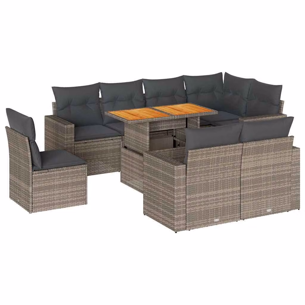 Set Divano da Giardino 9 pz con Cuscini Grigio in Polyrattan