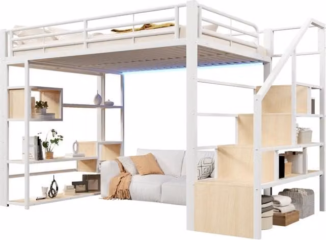 Letto a soppalco 140x200 cm in metallo e MDF con scala contenitore; protezioni e LED multicolore; bianco