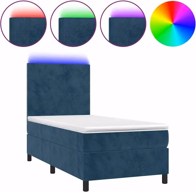 Letto singolo moderno in velluto blu scuro con materasso ibrido, illuminazione LED sottostante e porta di ricarica USB, L/P: 90 x 190 cm