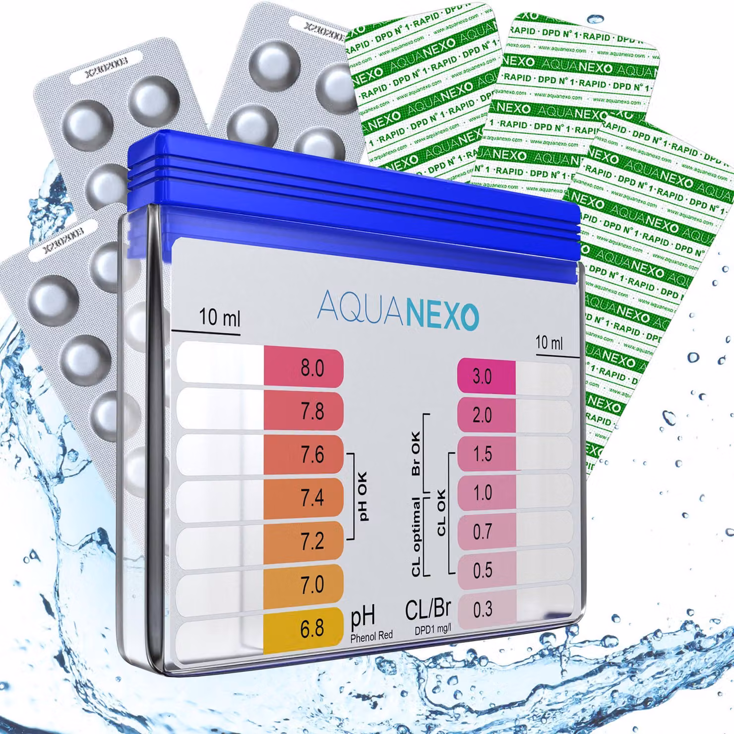 Aquanexo Pool Shaker Tester pH e cloro incl. 60 pastiglie per test piscina