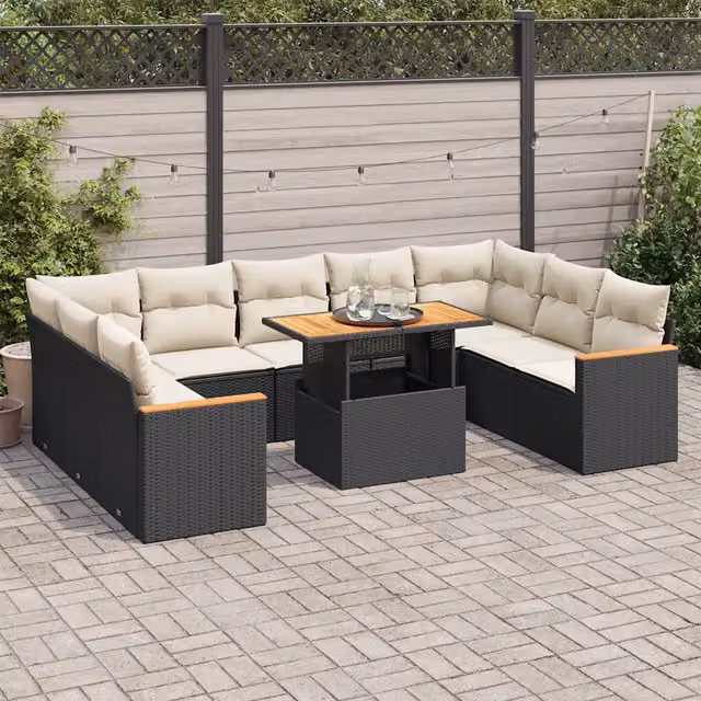 Set Divani Giardino 10pz con Cuscini Nero in Polyrattan Acacia 3327528