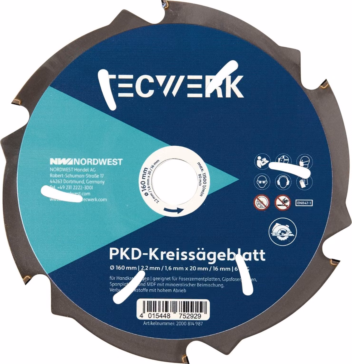 Lama circolare manuale Auen – 190 mm, 6 denti in PCD, foro 30 mm, larghezza di taglio 2,2 mm