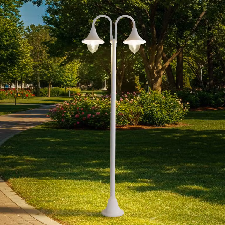 Lindby lampada da esterno Madea, bianca, a 2 luci, 213 cm, E27, IP44 Madea Lindby, dimmerabile, Bianco / Opale, Alluminio, Moderno