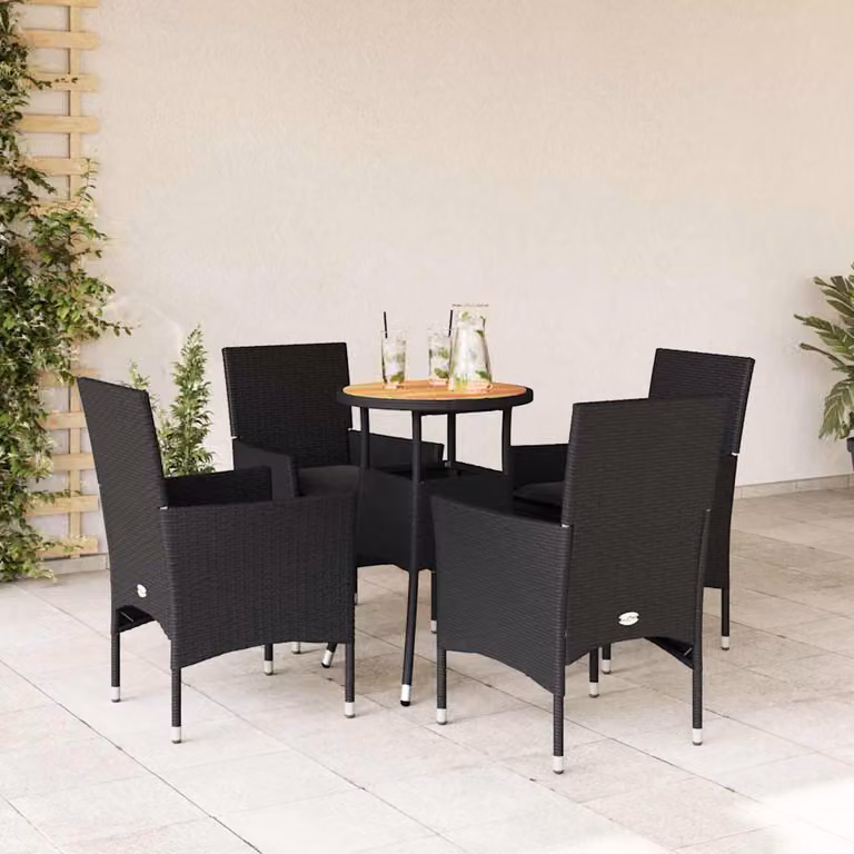 Set Pranzo da Giardino vidaXL in Polyrattan e Legno di Acacia Nero con 5 Pezzi e Cuscini