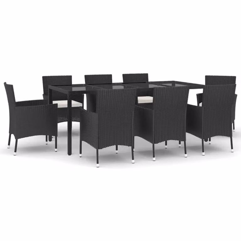 Set da Pranzo da Giardino 9 pz con Cuscini Nero in Polyrattan