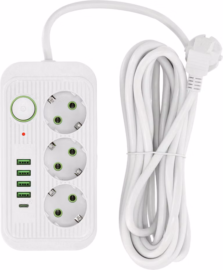 Estensione della ciabatta KOBI LINEA PRO Bianco Ciabatta a 3 prese Presa multipla con 4xUSB A e 1 USB-C, 2500W spina multipla 10A Cavo di prolunga 5 m