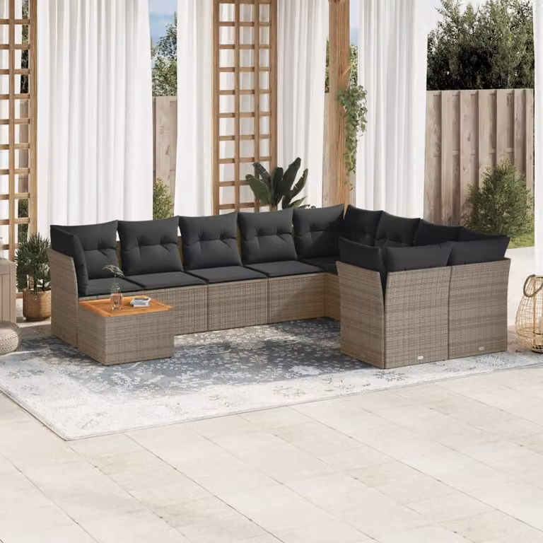 Set Divano da Giardino vidaXL 10 pz a Forma a L in Polyrattan Grigio con Cuscini e Tavolino da Esterno