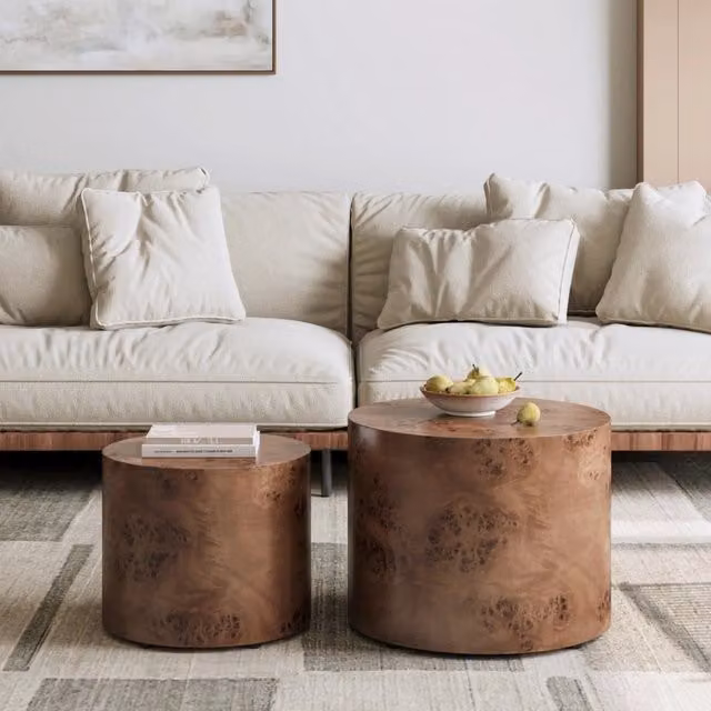 Set di 2 tavolini nesting rotondi WISHDOR in legno effetto burl, design moderno, colore marrone