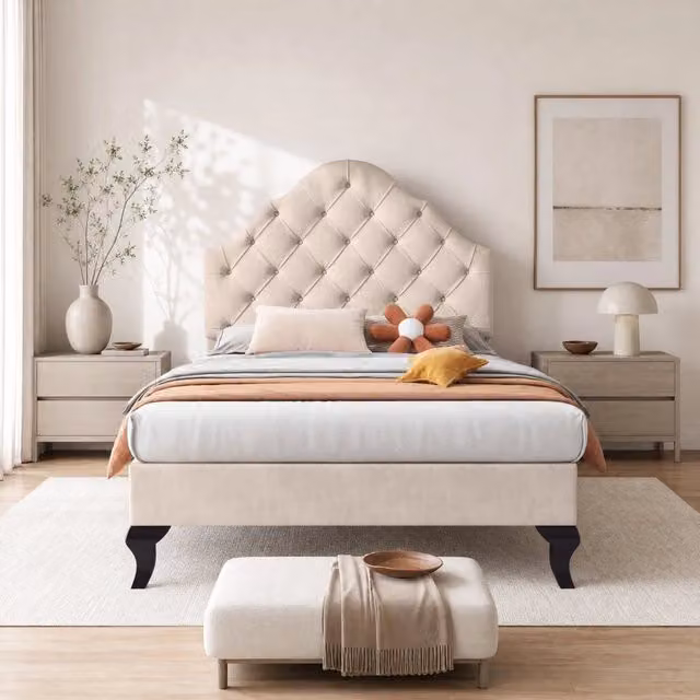 Letto singolo 90x200 cm in velluto beige con rete a doghe e testiera regolabile