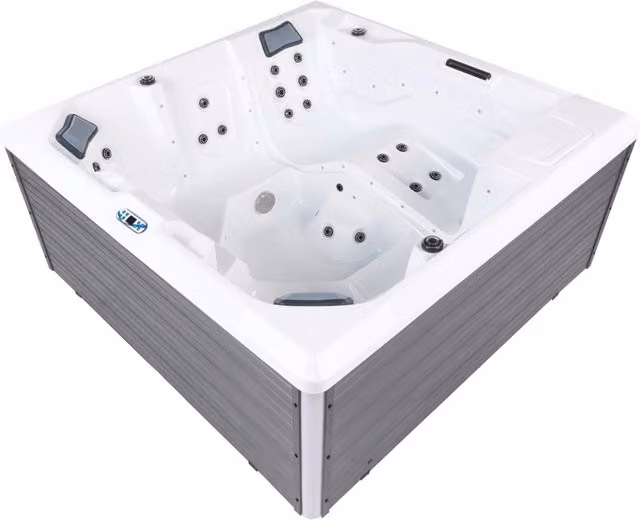Vasca idromassaggio Beliani da esterno in acrilico e WPC bianca con pannelli grigi, forma quadrata, 34 getti e luci LED, L/P: 210 x 210 cm