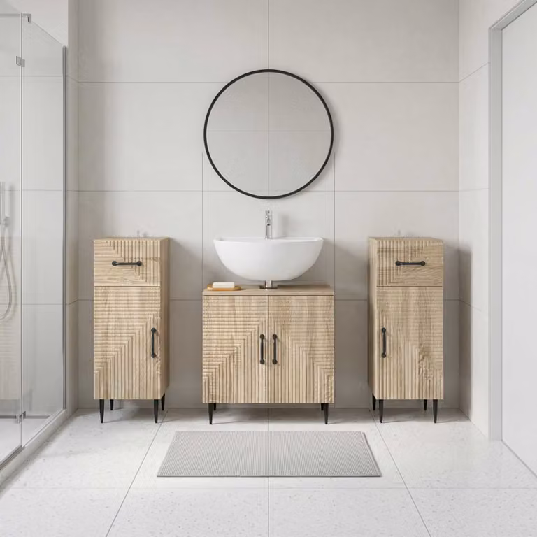 Set di armadietti da bagno vidaXL HAARLEM in 3 pezzi, Rovere Sonoma, Marrone