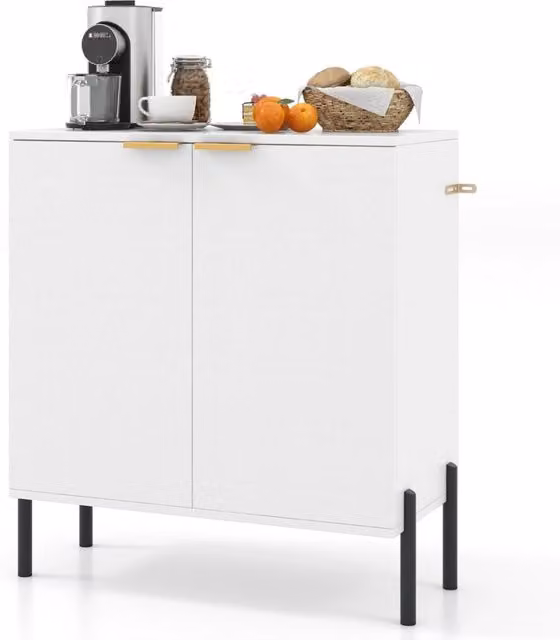 Mobile credenza moderna bianca con ripiani e dettagli in metallo per soggiorno, cucina o ingresso