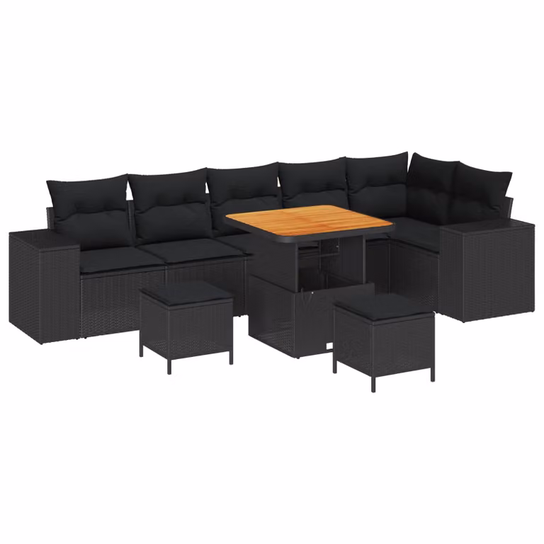 Set Divano da Giardino vidaXL 9 Pezzi L-Shape Nero con Cuscini e Tavolino in Polyrattan e Acciaio