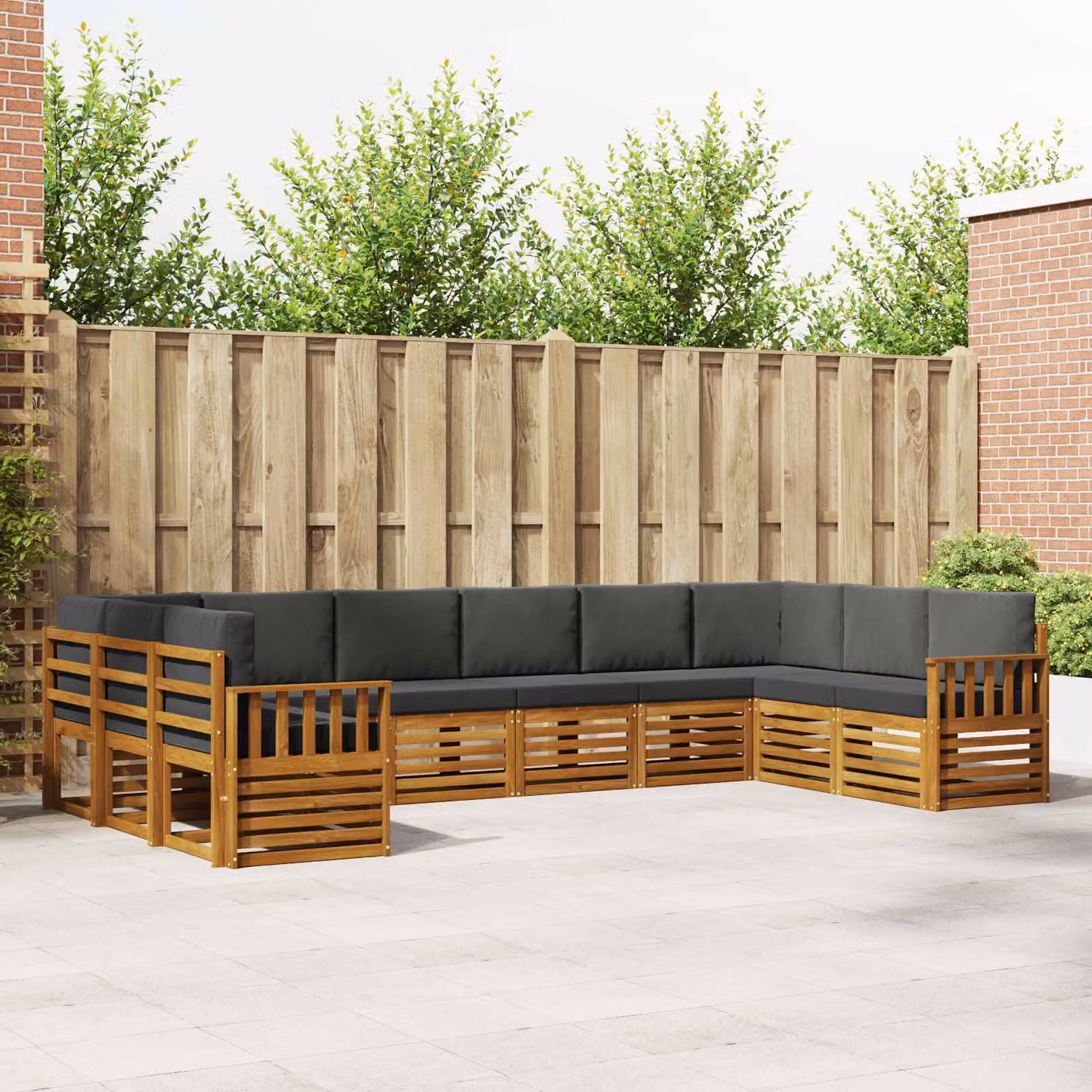 vidaXL Set di divani da esterno a L in legno di acacia con cuscini, Beige e Antracite