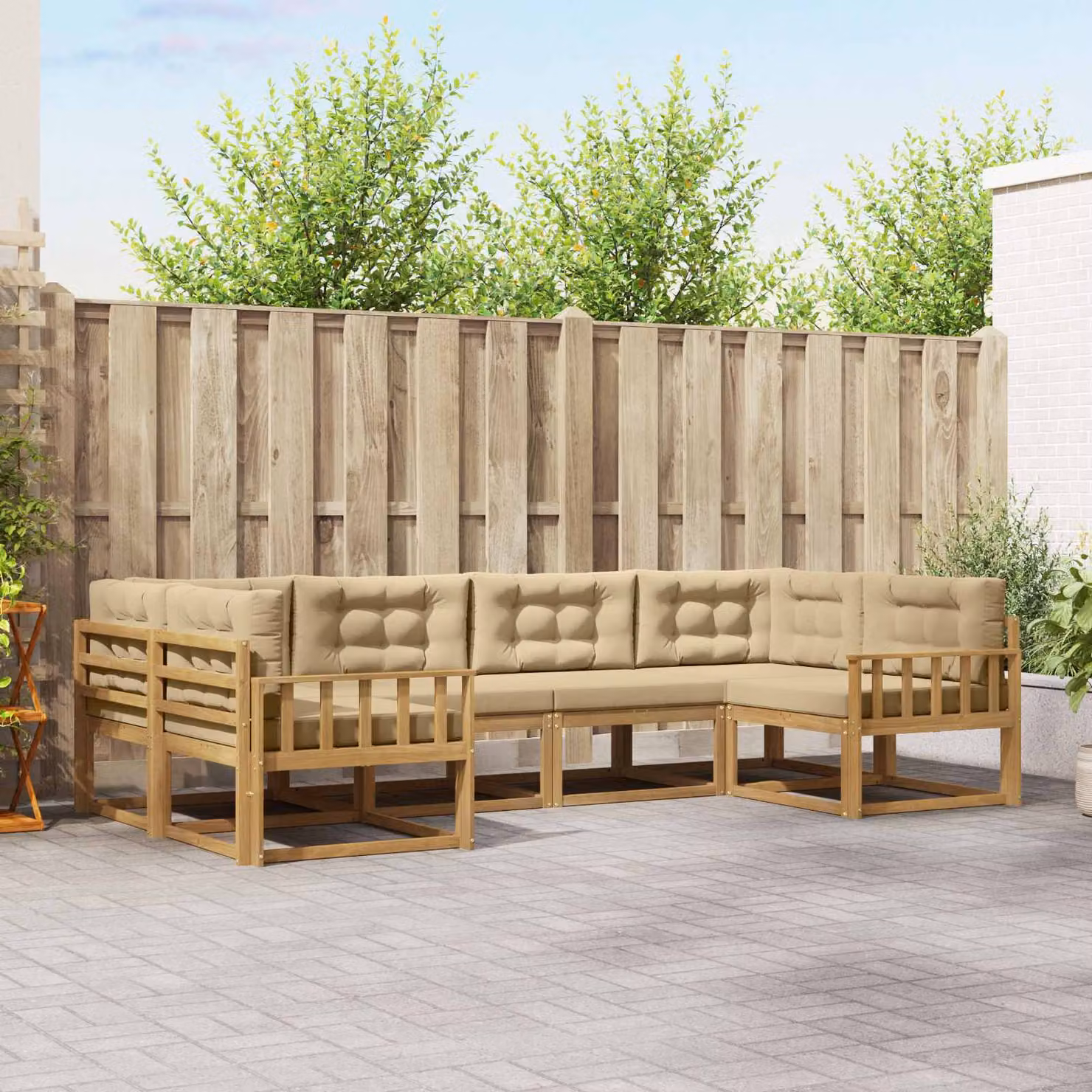 Set di divani da esterno vidaXL a forma di L in legno di acacia con cuscini, Bianco e Beige