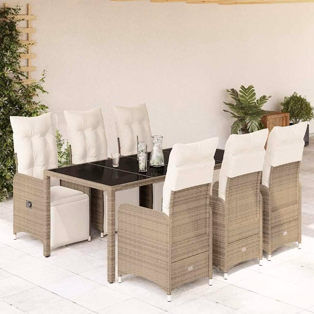 Set Bistrò da Giardino e Balcone vidaXL in Polyrattan Marrone con Cuscini e Tavolo in Vetro, 7 Pezzi – 1